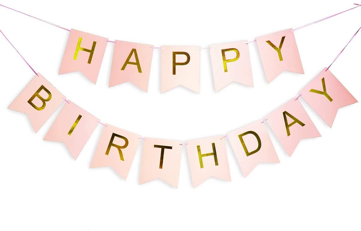Pink Happy Birthday Banner with Shimmering Gold Letters, Happy ...