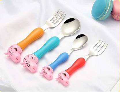 Multicolor Peppa Pig Theme Stainless Steel Baby Feed Spoon and Fork Set Cutlery 